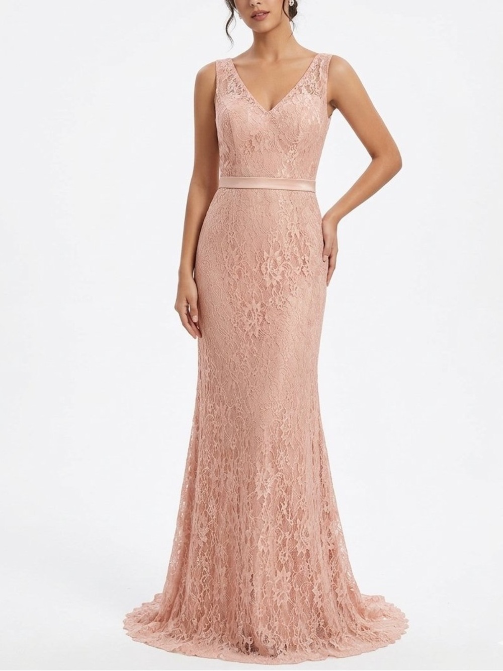 NWT Hebeos Blush Pink Lace V-Neck Prom Dress Gown